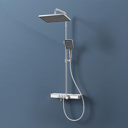 EMKE Duschsystem Duschset mit Theramostat Regendusche und Handbrause 3 Strahlarten, 45cm Thermostatische Platte, 36cm Regendusche, Freie Winkel- und Höhenverstellung, KTW Zertifizieren, Chrom