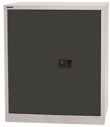 BISLEY Universal Flügeltürenschrank abschließbar - Stahlschrank mit 3-Punkt-Schloss & Flügeltüren - Aktenschrank aus Metall mit 1 Fachboden für 2 Ordnerhöhen - Farbe: lichtgrau/anthrazit