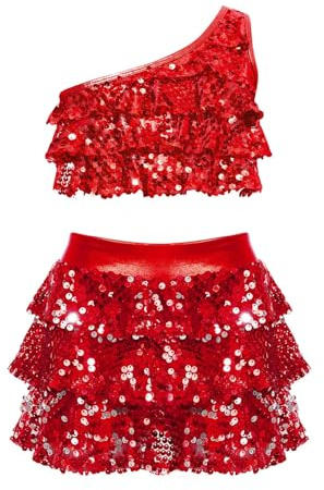 Freebily Vestito da Ballo Bambina Latino Americano Monospalla Abito da Ballo Tango Paillettes Crop Top Canotta + Gonna di Danza Classica Culottes Vestito da Pattinaggio Jazz Rosso 9-10 Anni