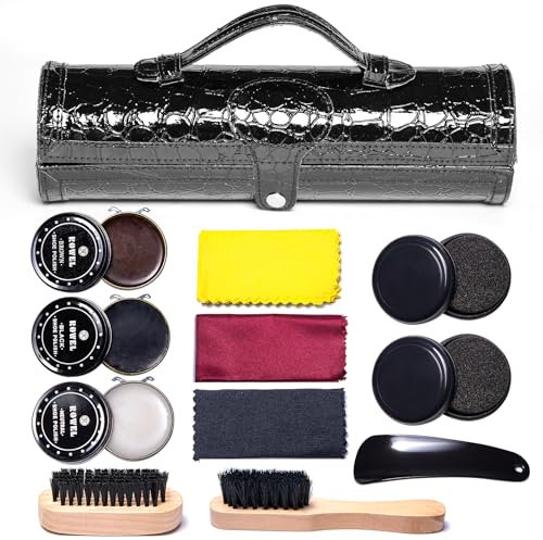 YUET Kit Lustrascarpe con Elegante Custodia in Pelle PU Nero, kit Spazzola Lustrascarpe da Viaggio in 12 pezzi, Spazzole per Scarpe, Borsa Portaoggetti,Kit di Manutenzione e Pulizia