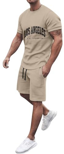 Herren Trainingsanzug Set Mit Los Angeles Grafik Drucken Freizeitanzüge Rundhals T-Shirt + Kurze Hose Schlafanzug Herren Kurz Hawaii Kurzarm Jogginganzug Sportanzug 2 Teiliges Outfit