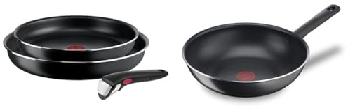 Tefal Ingenio Lot de 2 poêles 24/28 cm + poignée amovible, Non induction, Revêtement antiadhésif & Day By Day On Poêle Wok 28 cm, Non induction, Revêtement antiadhésif, Fonction Thermo-Signal