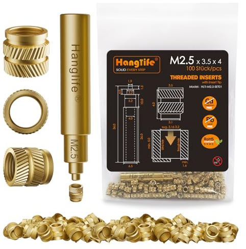 HANGLIFE M2.5 Gewindeeinsätze mit Lötspitzen Einschmelzhilfe, Einpressmuttern mit Lötkolben Spitzen für 3D Druck Zubehör - Messing Metrische Einschmelzgewinde Gewindehülse -Threaded Inserts(100 Stück)