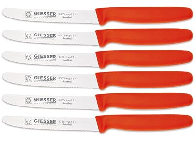 Giesser Messer - Made in Germany - 6er Set Brötchenmesser Tomatenmesser Küchenmesser Allzweckmesser Universalmesser Gemüsemesser 3mm Wellenschliff Klingenlänge 11cm Rot