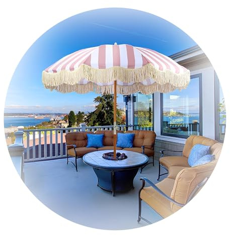 Urlaub Sonnenschirm, Boho Gartenschirm, Strandschirm Mit Quaste, Upf 50+ Terrassenschirm, Balkonschirm Neigbar, 8 Rippen Marktschirm Sonnenschirm Für Strand Terrasse Garten Pool Balkon(Red white)