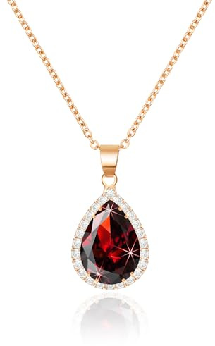 Linawe Collar rojo para mujer, collar con colgante en oro rosa, granate, diamante, piedra natal fósil, cadena de cristal, collares con colgante para mujer, conjuntos de joyas, joyería de moda