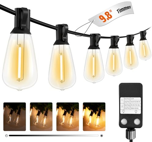 litogo LED Lichterkette Außen Dimmbar mit Timer, 9.8M 30FT Deko Lichterkette Aussen Strom mit Retro Warmweiß Glühbirnen Plastik, Wetterfest lichterketten für Garten Balkon Party Pavillon Terrasse