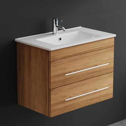 Alpenberger Badmöbel Set mit Waschbecken | Badschrank mit 2 Schubladen | Hängeschrank Bad | Waschtisch mit Unterschrank | Badezimmer Möbel | Waschbeckenunterschrank Bamboo - 70 cm