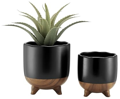 Danya B Milo Modern Mortar Two Tone Flower Pot Planter Cachepot Set of 2 Sizes - Black and Walnut