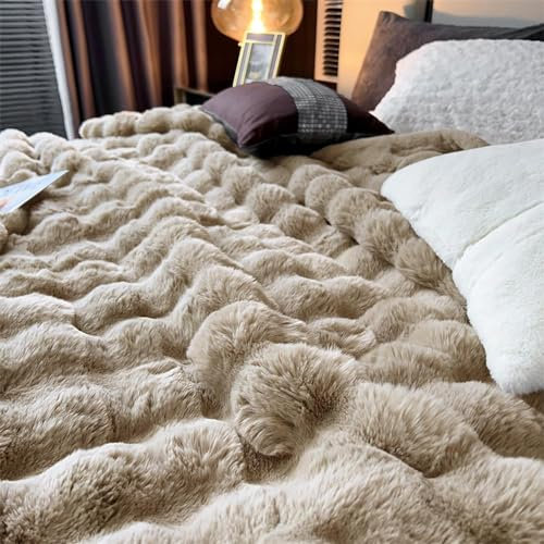 NBVOKLEAD Coperta Doppia in Pelliccia Sintetica Color Cammello - Copriletto Morbido e soffice, Dimensioni 200x230 cm, Decorazione a Pelo Lungo, Ideale per Divano e copriletto, Peso 5,5 kg