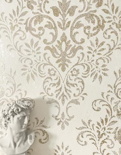 NEWROOM Tapete Creme Vliestapete Ornamente - Barocktapete Vintage Gold Leicht glänzend Mustertapete Klassisch Prunkvoll Antik inkl. Tapezier-Ratgeber