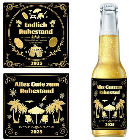 AstraGlam Ruhestand Flaschenetiketten Set 2025, 4 Stück Verschiedene Designs, Umweltfreundlich Und Wasserfest, Einzigartiges Geschenk Zum Ruhestand