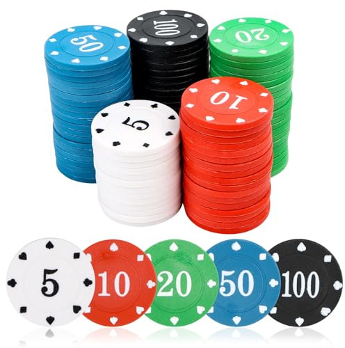 MplehDa Casino Pokerchips, 100 Stück Poker Chips mit Nennwerten, Spielchips Wertmarken Karten Chips Box Pfandmarken Roulette Spiel Bingo Chips für Poker, Blackjack und Casinospiele