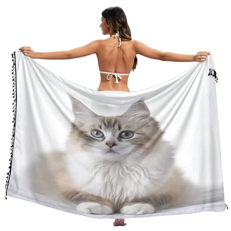 Sarong mit langem Katzenmotiv, Strandtuch, Flitterwochen-Sarong, Sommerurlaub, Langhaarige Katze, Large