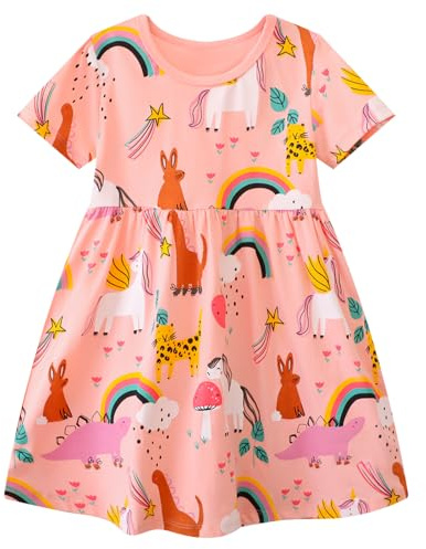 Baogaier Ragazze Vestito Cotone Elegante Unicorno Rosa Animale Motivo Manica Corte Rotondo Estivo Abbigliamento Ragazza Casuale T-Shirt Abiti delle Bambina da Festa 4-5 Anni