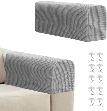 Sofa Arm Covers Grey, Anti-Slip Armchair Covers Slipcover, Stretchy Armrest Covers for Sofa Couches, with 10Pcs Twist Nail (Light Grey)