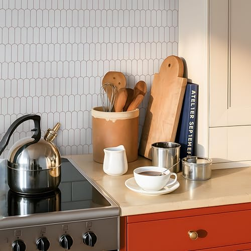 Alwayspon Tile Sticker, 25PcsX20cm/8inch White Retro Red Arch Self Adhesive Stick on Tiles Transfer Sticker for Bathroom Kitchen, Splashback, Peel and Stick Vinyl Floor Wall Tiles Sticker