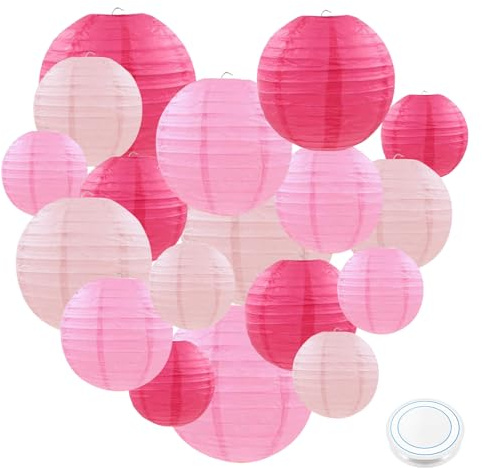 18 Stück Rosa Papierlaterne Lampion, Runde Dekorative Papierlaternen mit Angeldraht, Geeignet als Dekoration bei Hochzeiten, Geburtstagsfeiern, Gartenpartys (Größe:30cm, 25cm, 20cm, 15cm, 10cm)
