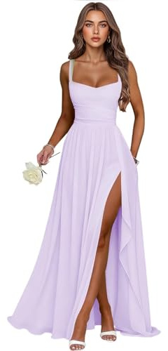 Ontoefy Long Chiffon Ruffle Bridesmaid Dresses with Slit Pleated Evening Dresses for Women Lilac 12