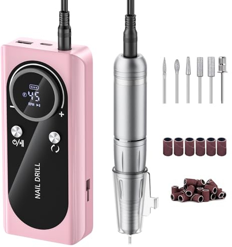 Electric Nail Drill Machine 45,000RPM - Professional Electric and Rechargeable Nail Drill with LCD Display, 6 Bits and 30 Sanding Bands, Low Heat Quiet E-File for Acrylic Gel Nails V9-3