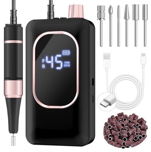 Svart elektrisk nagelfil, nagelborr Pro uppladdningsbar 4 000 mAh med 8 timmars drifttid, 45 000 RPM akrylnagelkit för gel, E-filsats med 6 bitar, 7 band, LED-skärm,