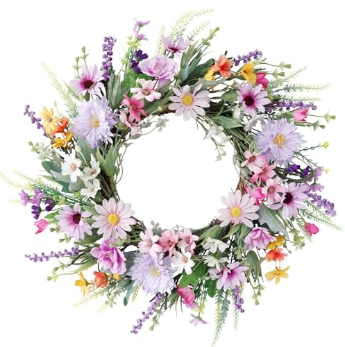 ZBELLO Spring Summer Outdoor Wreath, 19.7 inch Door Wreaths Outdoor All Year, Daisy Front Door Wreath for Home Wedding Thanksgivings Holiday Decor