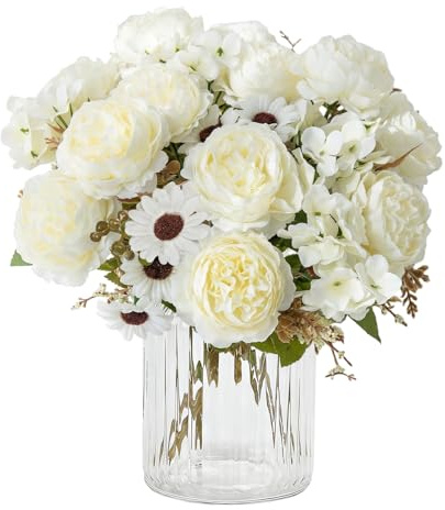 Pfingstrose Künstliche Blumen 4 Bündel Kunstblumen Wie Echt Blumenstrauß | Künstlich Blumenstrauß Weiß Seidenblumen Kunstblumen Faux Hydrangea Rosenstrauß für Hochzeit Partei Küche Tisch Dekor