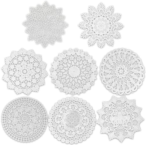 8-Piece Floral Lace Paper Doilies Set, 6.5 Inch Round Handmade Cotton Paper Placemats for Table, White Crochet Doileys for Wedding, Party, Kitchen and Dresser Top Decor