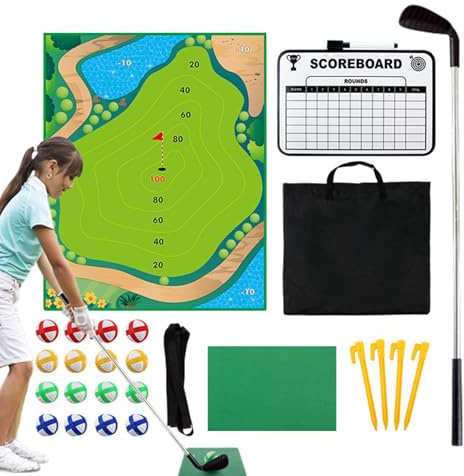 Golfspel – Klibbigt Golfchipset för barn, träningsmatta med klubb, bärbar träningsutrustning, nybörjarvänlig, rolig familjeaktivitet, inlärningsverktyg inomhus och utomhus | Barn