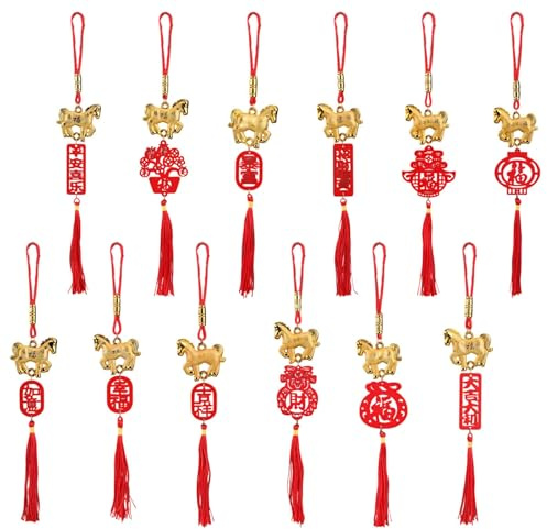 Lot de 12 pendentifs décoratifs du Nouvel An chinois Année du cheval 2026 - Porte-bonheur 2026 - Ornements suspendus - Feng Shui - Porte-bonheur - Pour fête de printemps - Pour voiture, mur, maison