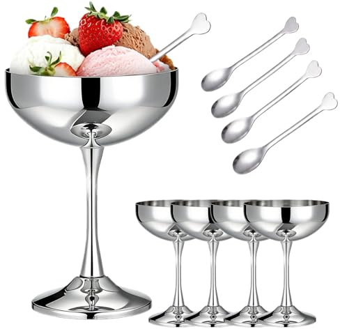4er Eisbecher Edelstahl Set, 270ml Ø 10cm Edelstahl Dessertschale mit Fuß und Löffel Cocktail Gläser Ice Cream Sundae Dessertgläser für Obst Salat Joghurt und Fruchtpudding, Sundae-Schalen für Partys