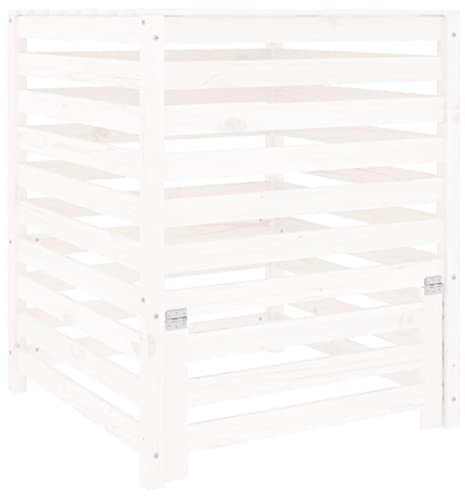 Compostiera in legno di pino, 82,5 x 82,5 x 99,5 cm, compostiera da giardino con coperchio e coperchio, robusto contenitore per compost per rifiuti biologici, compostiera da giardino, bianco