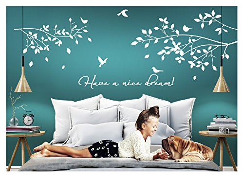 Grandora Wandtattoo Spruch Have a Nice Dream! + Äste Vögel I weiß XXL-Set I Schlafzimmer Kinderzimmer Sticker Aufkleber Wandaufkleber Wandsticker W775
