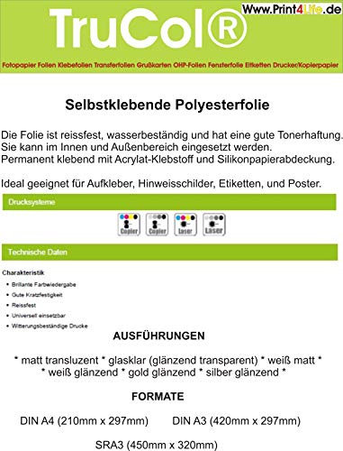 Klebefolie 10 x DIN A4 gold glänzende Druckerfolie, klebend, zum Bedrucken, Wetterfest, Wasserfest für Laserdrucker Kopierer Farblaser Farbkopierer