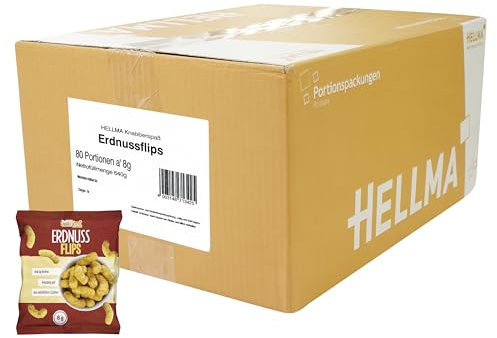 HELLMA Erdnussflips - 80 Stk. Knusprige Knabberei im Mini-Beutel je 8 g - Snack-Vorrats-Box - für Büro oder unterwegs