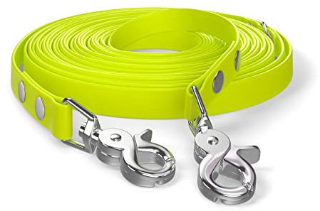 10m Schleppleine, Hundeleine, 2 Karabiner & D-Ring, Neon-Gelb, sehr stabil, schmutz- und wasserabweisend