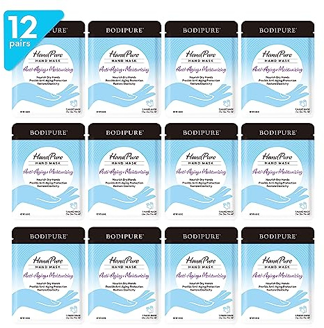 Bodipure HandPure Hand Repair & Anti-Aging Hand Mask – 20-Minute Moisturizing Gloves for Dry, Cracked Hands, Softens Cuticles, Paraben-Free, With Natural Botanical Ingredients (12 Packs)