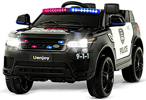 Uenjoy 12V Kids Police Ride On Car SUV Battery Operated Electric Cars w/ 2.4G Remote Control, LED Siren Flashing Light, Music& Horn Intercom, Bumper Guard, Openable Doors, AUX, USB Port, Black