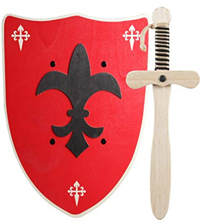 Spada e Scudo Cavaliere in Legno Fatti a Mano - Giocattolo per Bambino, Bambina e Bambini - Complemento Giochi, Giochi Imitazione, Costume, Medievale, Guerriero, Festa Tema, Medioevo (Scudo Rossa)