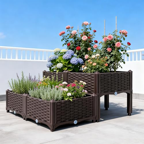 Mingone 4X Blumenkasten Rattan Optik Kunststoff, 40x40 Braun | Wasserspeicher, Balkonkasten, Für Balkon Garten Terrasse