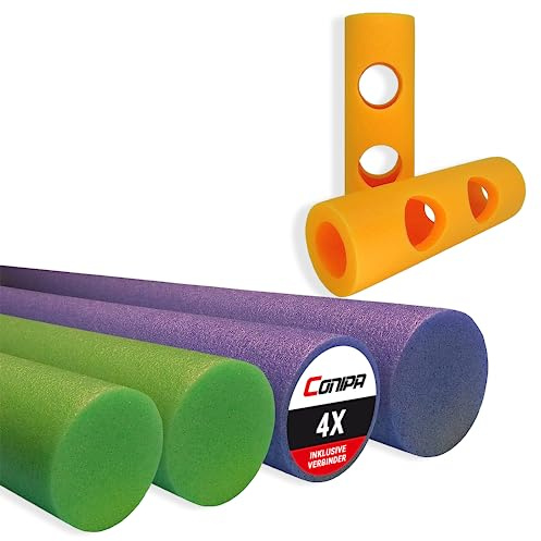 Conipa® - 4 Stück Schwimmnudel (160 x 7 cm) für Kinder & Erwachsene INKL. Loch-VERBINDER (Schaumstoff) - Poolnudel Set ab 3-10 Jahre (Made IN Europe) - Pool Wassernudel & Spielzeug