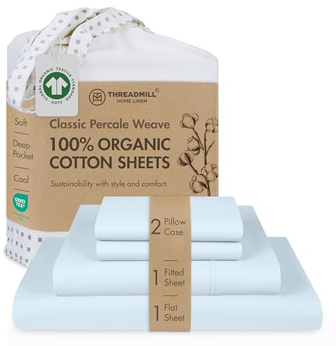 Threadmill 100% Organic Cotton Sheets - Queen, 4 Piece, Light Blue - Certified by GOTS - Soft and Cooling Bedsheet Set with Reusable Bag, Snug Fit with 16 Deep Pocket - Ultra Light