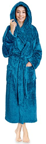 PAVILIA Women Hooded Plush Soft Robe | Fluffy Warm Fleece Sherpa Shaggy Bathrobe (L/XL, Turquoise Blue)