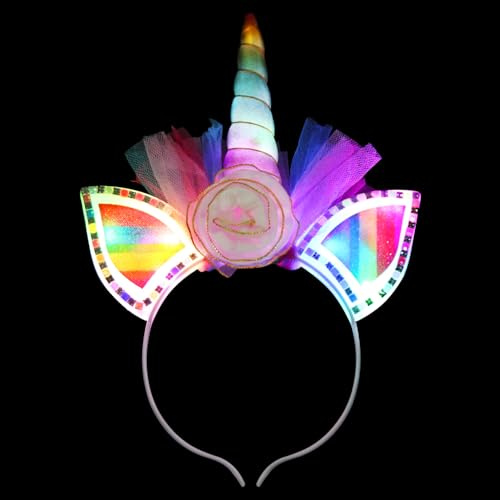 Wishstar Bunt Leuchtend Einhorn Kopfschmuck, LED Einhorn Haarreif, Einhorn Haarreifn Erwachsene Mädchen mit Horn Ohren und Blumen, Einhorn Haarreif Accessoires für Geburtstag Party Halloween Karneval