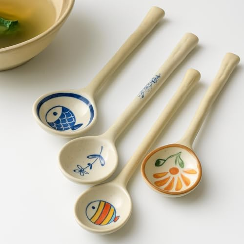4 Porzellan-Suppenlöffel mit langen Griffen, mit handbemalten Designs, inspiriert von japanischen und asiatischen Stilen, runde Form, ideal zum Genießen von Ramen, Pho, Miso, Reis und anderen Suppen