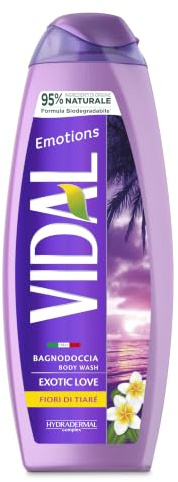 Vidal - Bagnoschiuma Emotions, Formula Rivitalizzante, Exotic Love, Fragranza ai Fiori di Tiaré, Dermatologicamente Testato, 500ml