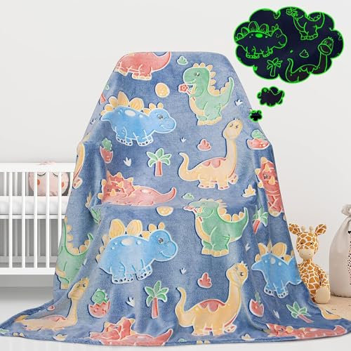 Niedliche Kinderdecke, leuchtet im Dunkeln, Dinosaurier für Jungen, Flanell, leuchtend, Bett, Sofa, Couch, weiche, warme Decken, Weihnachten, Geburtstag, Geschenke, Teenager, 203,2 x 152,4 cm