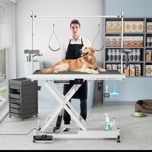 KAIPETZZZ 49.6” Electric Lift Pet Grooming Table Adjustable Height Heavy Duty Design with Overhead Arm Non-Slip Surface Professional Groomer Ideal for Dogs & Cats Black & White Available (White)