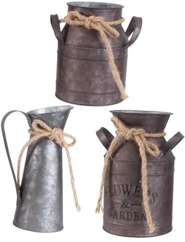 NOLITOY Lot De 3 Seaux à Fleurs Décoratifs Rétro en Fer, Grand Et Petit Format, Style Rural, Pots à Fleurs en Fer, Usage Maison, Jardin, Décoration Intérieure, Pots à Lait Vintage
