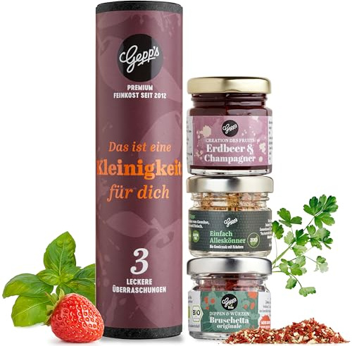 Gepp's Geschenkset eine Kleinigkeit I Gourmet Probierset | Männer & Frauen I Mit Bruschetta Dip I Erdbeer-Champagner-Aufstrich I Ohne künstliche Zusätze